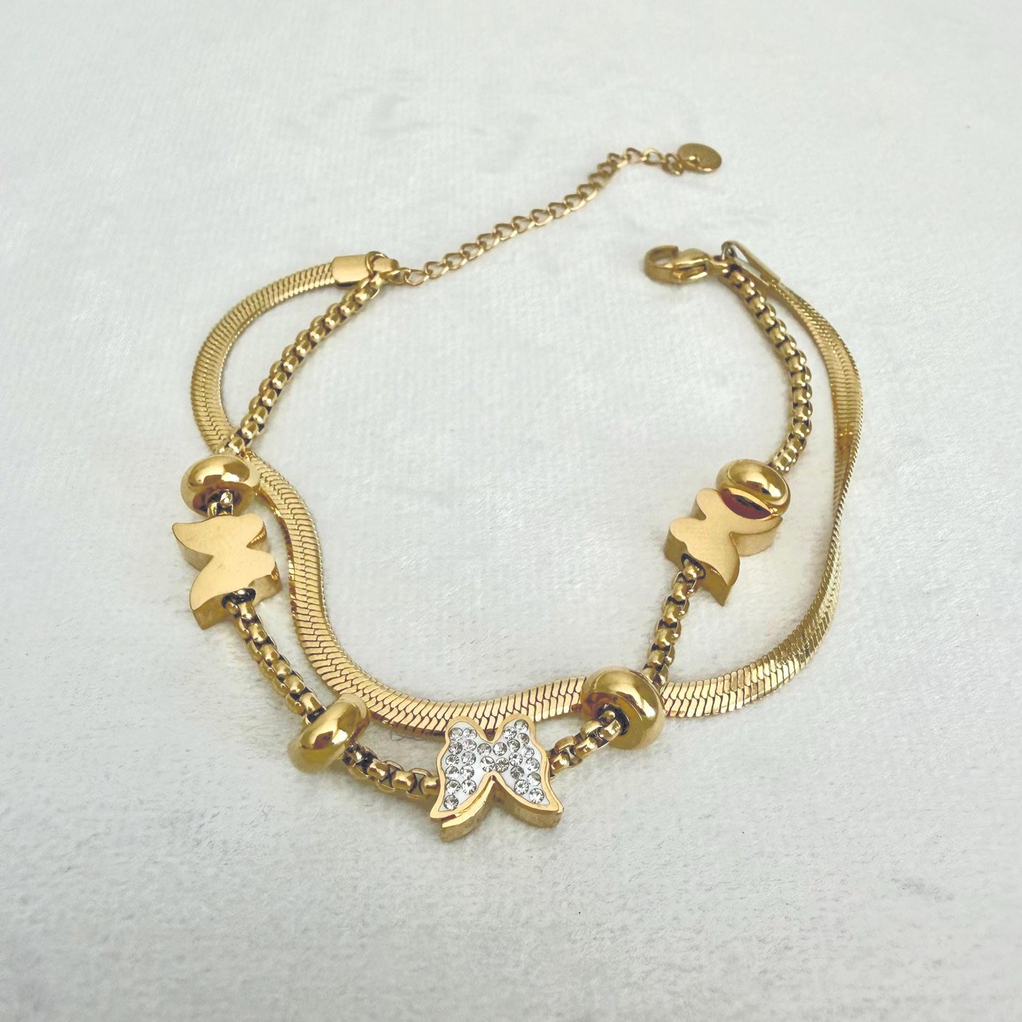 Personalized Gold Charm Bracelet, Butterfly Initial Bracelet, CZ Letter Bracelet, Adjustable Stainless Steel Jewelry, Gift for Her