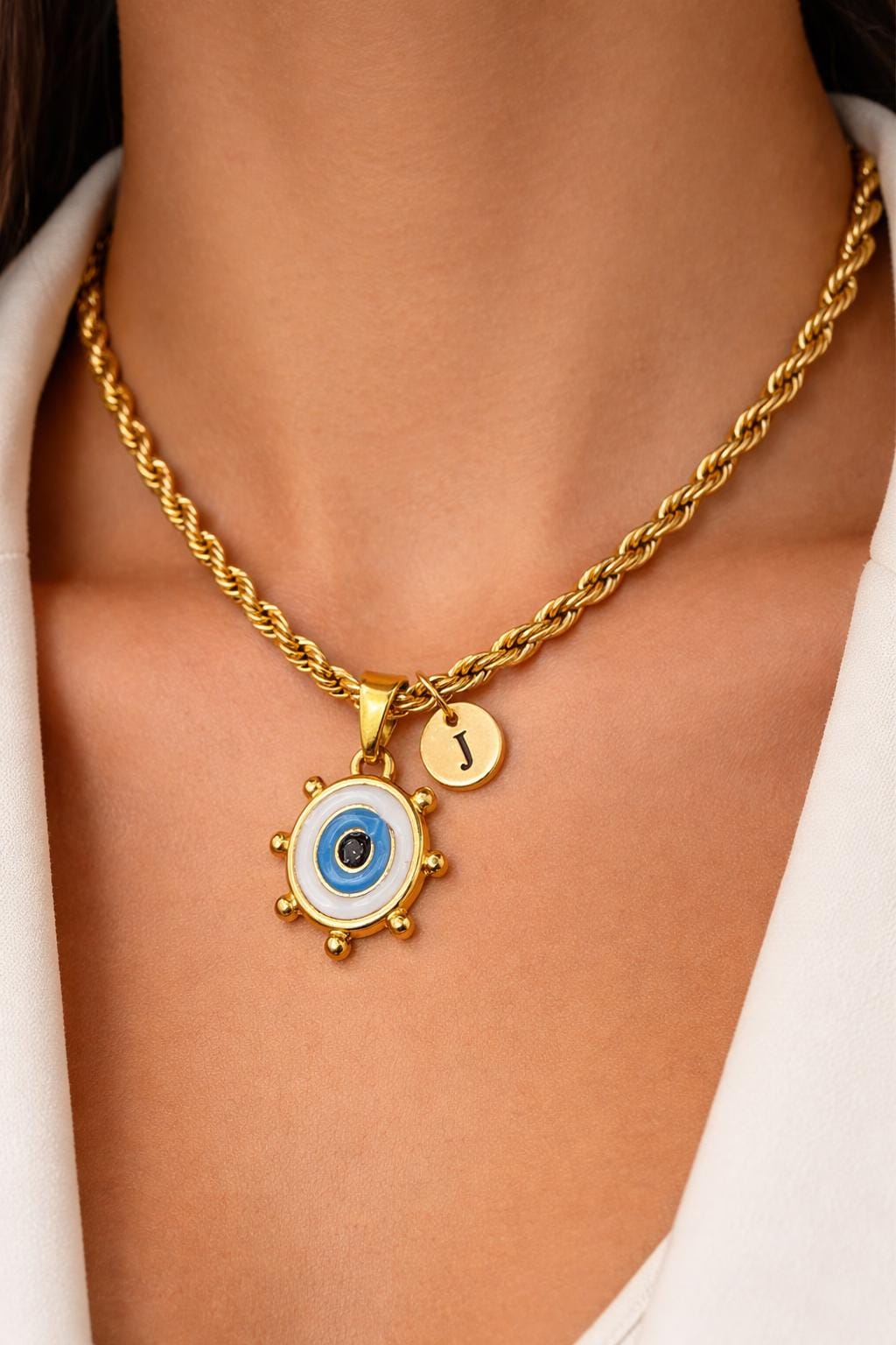 Personalized Evil Eye Rope Chain Necklace, Custom Initial Necklace, Gold Statement Necklace, Gift for Her