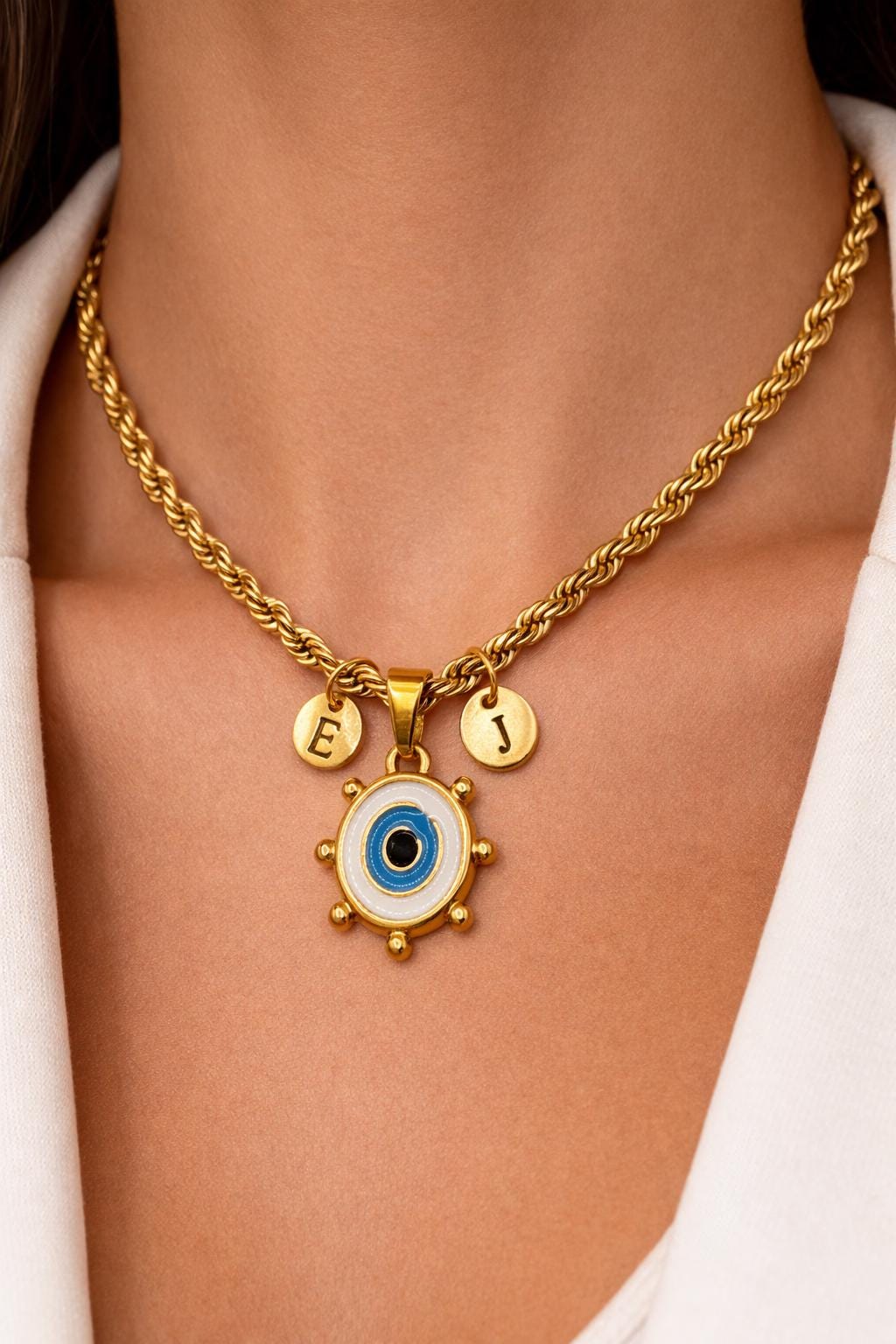 Personalized Evil Eye Rope Chain Necklace, Custom Initial Necklace, Gold Statement Necklace, Gift for Her