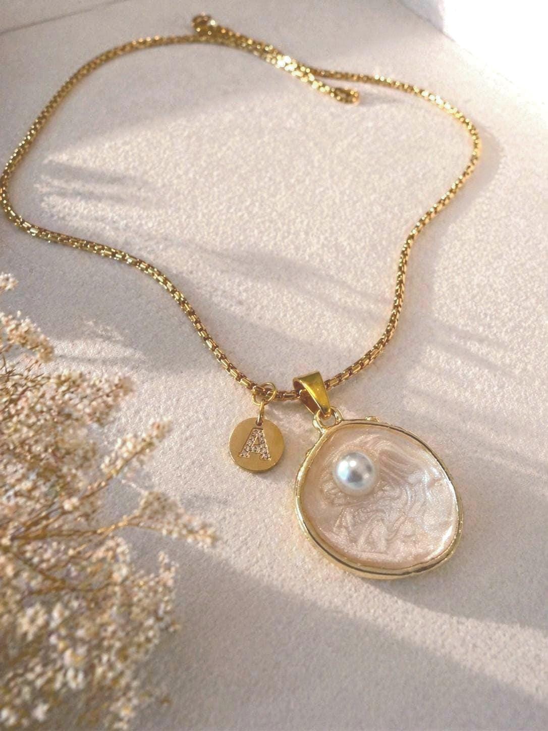 Personalized Pearl Necklace Gold, Initial & Birthstone Charm Necklace, Custom Pendant Jewelry, Gift for Her, Dainty Gold Necklace
