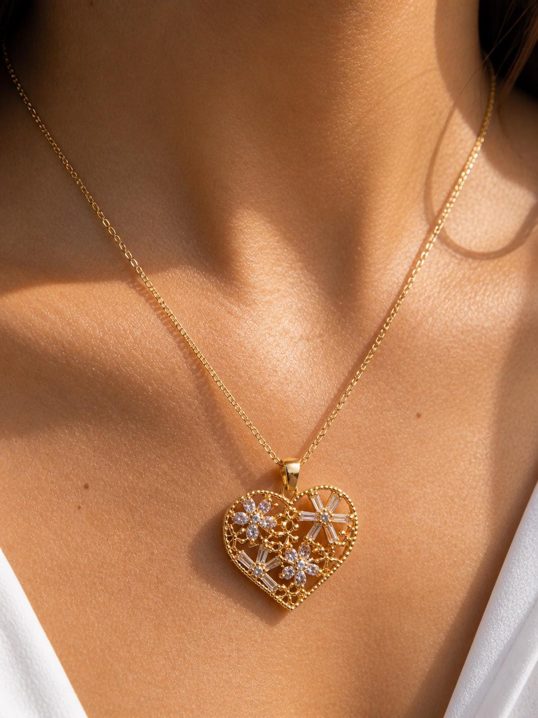 Gold Heart Necklace, Vintage Floral Pendant Necklace, Crystal Heart Jewelry, Gold Plated Stainless Steel, Gift for Her