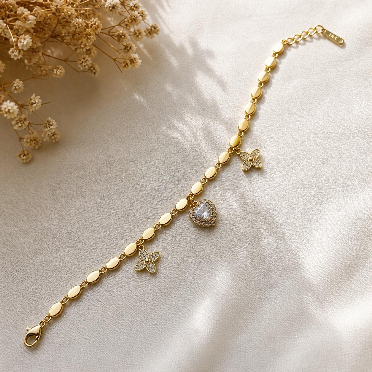 Gold Charm Bracelet, Heart & Clover Bracelet, Gold Plated Stainless Steel, Adjustable Chain Bracelet, Gift for Her