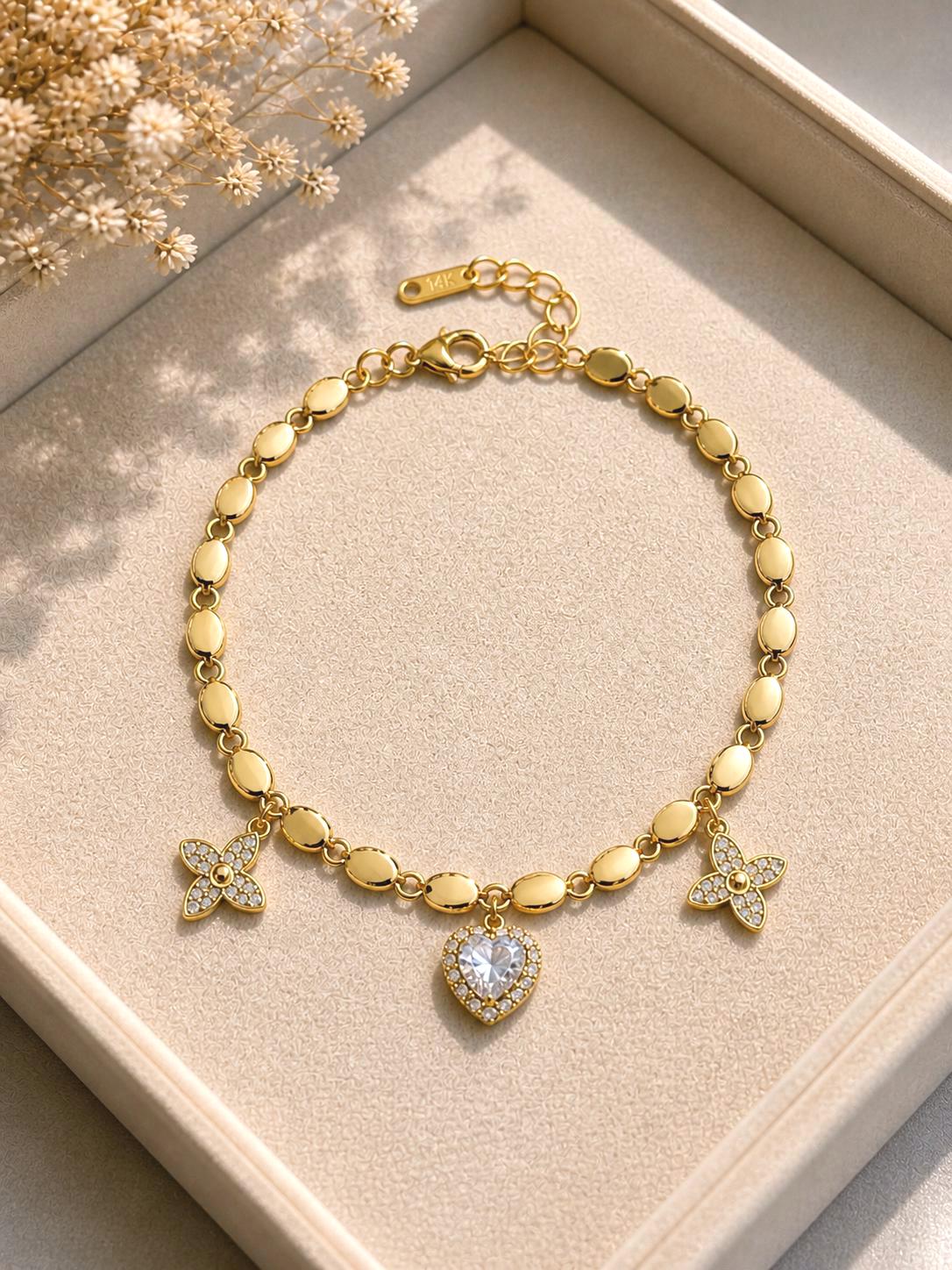 Gold Charm Bracelet, Heart & Clover Bracelet, Gold Plated Stainless Steel, Adjustable Chain Bracelet, Gift for Her