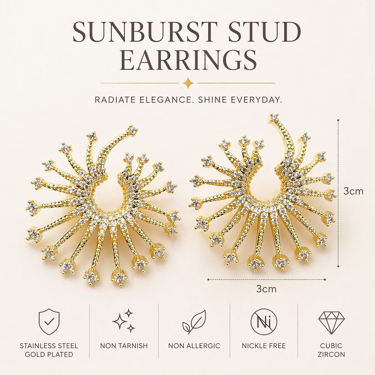 Gold Sunburst Earrings, Lightweight Statement Earrings, CZ Studs, Stainless Steel Non Tarnish, Hypoallergenic Jewelry Gift for Her
