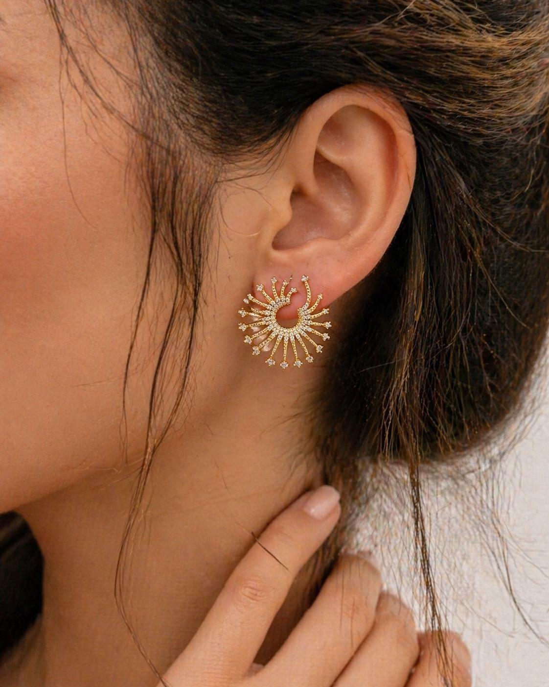 Gold Sunburst Earrings, Lightweight Statement Earrings, CZ Studs, Stainless Steel Non Tarnish, Hypoallergenic Jewelry Gift for Her