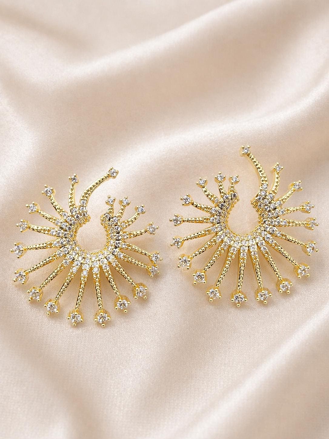 Gold Sunburst Earrings, Lightweight Statement Earrings, CZ Studs, Stainless Steel Non Tarnish, Hypoallergenic Jewelry Gift for Her
