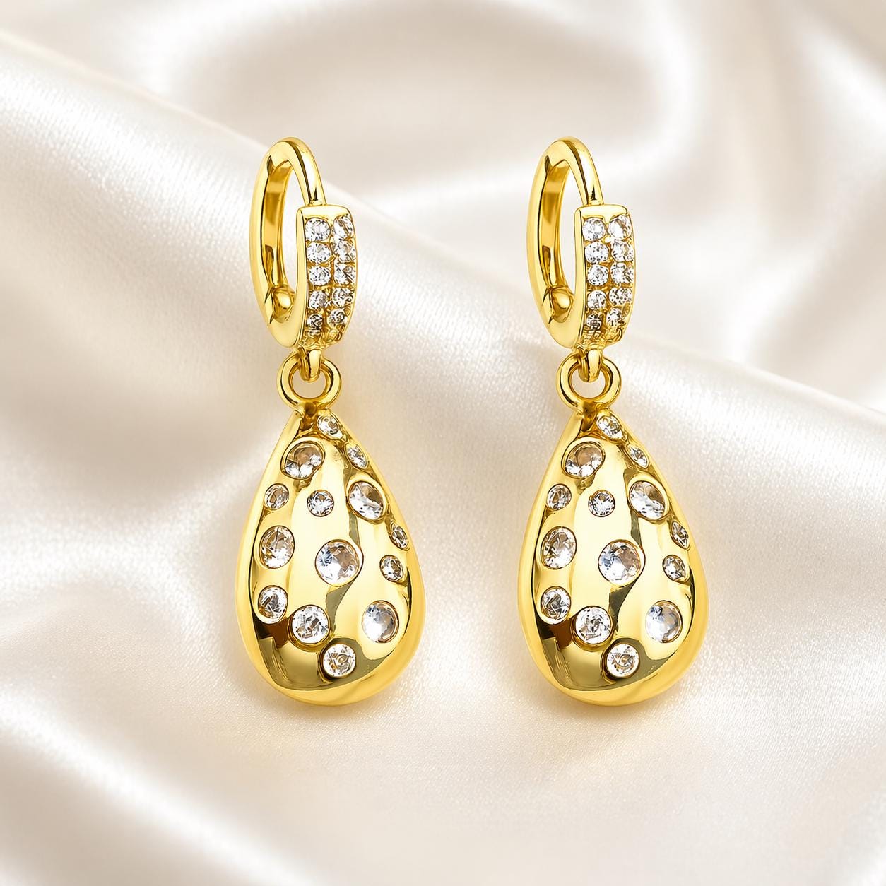 Gold Drop Earrings|Stainless Steel CZ Earrings, Dainty Huggie Teardrop Earrings|Non Tarnish Gold Jewelry|Hypoallergenic Lightweight Earrings