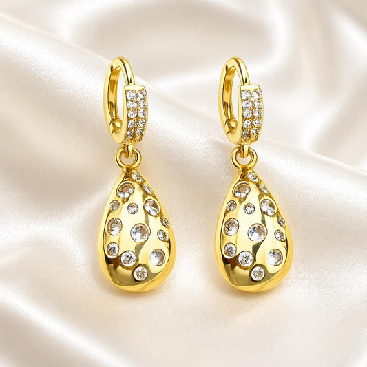 Gold Drop Earrings|Stainless Steel CZ Earrings, Dainty Huggie Teardrop Earrings|Non Tarnish Gold Jewelry|Hypoallergenic Lightweight Earrings