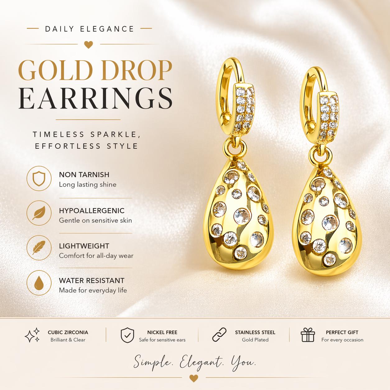 Gold Drop Earrings|Stainless Steel CZ Earrings, Dainty Huggie Teardrop Earrings|Non Tarnish Gold Jewelry|Hypoallergenic Lightweight Earrings