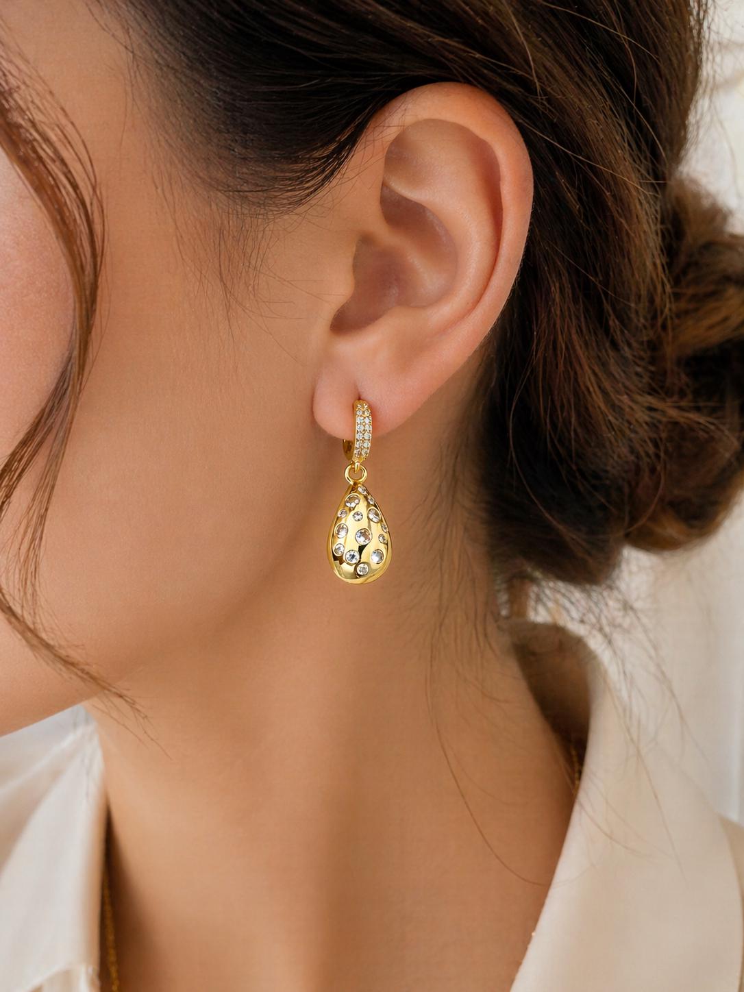 Gold Drop Earrings|Stainless Steel CZ Earrings, Dainty Huggie Teardrop Earrings|Non Tarnish Gold Jewelry|Hypoallergenic Lightweight Earrings