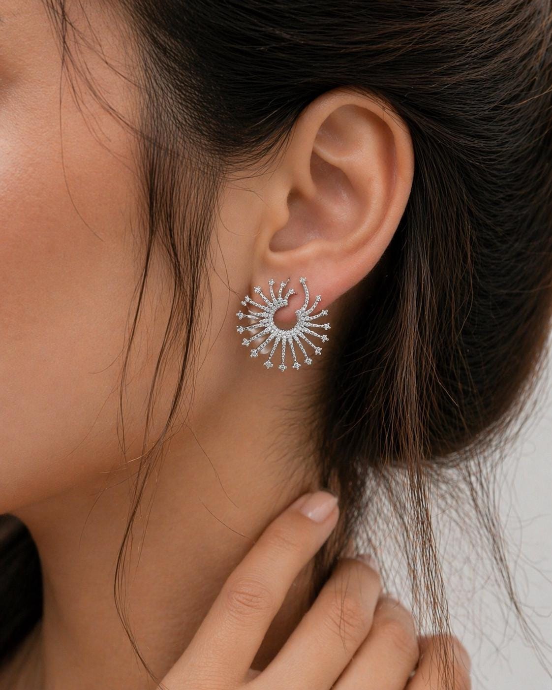 White Gold Sunburst Earrings, Lightweight Statement Earrings, CZ Studs, Stainless Steel Non Tarnish, Hypoallergenic Jewelry Gift for Her