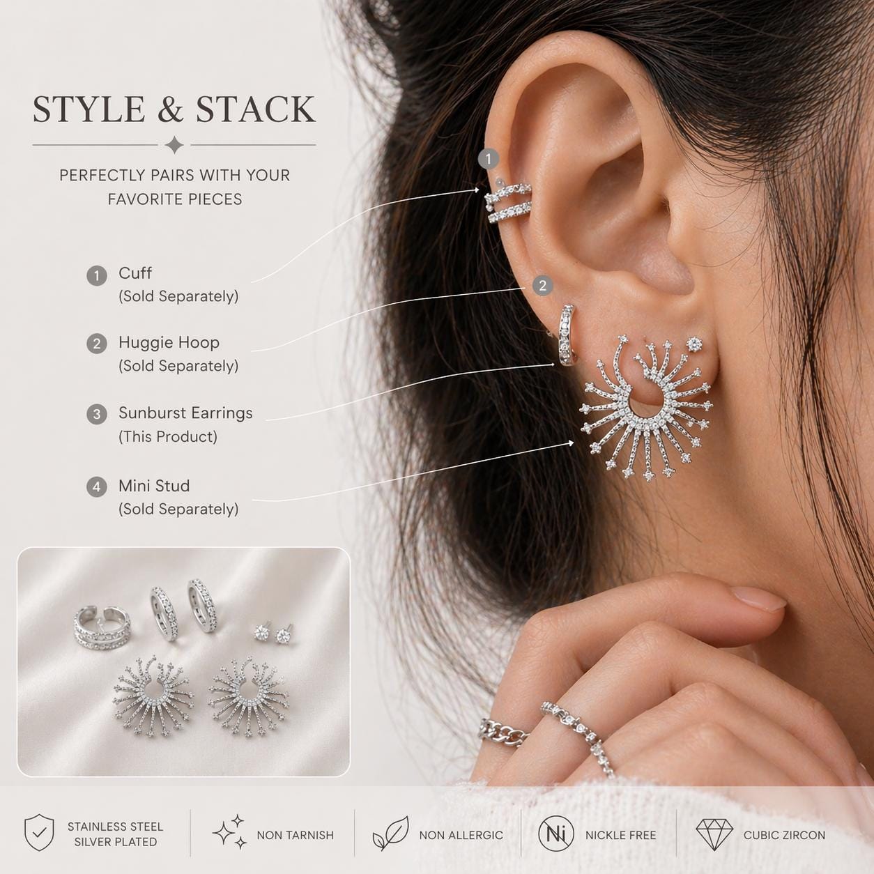 White Gold Sunburst Earrings, Lightweight Statement Earrings, CZ Studs, Stainless Steel Non Tarnish, Hypoallergenic Jewelry Gift for Her