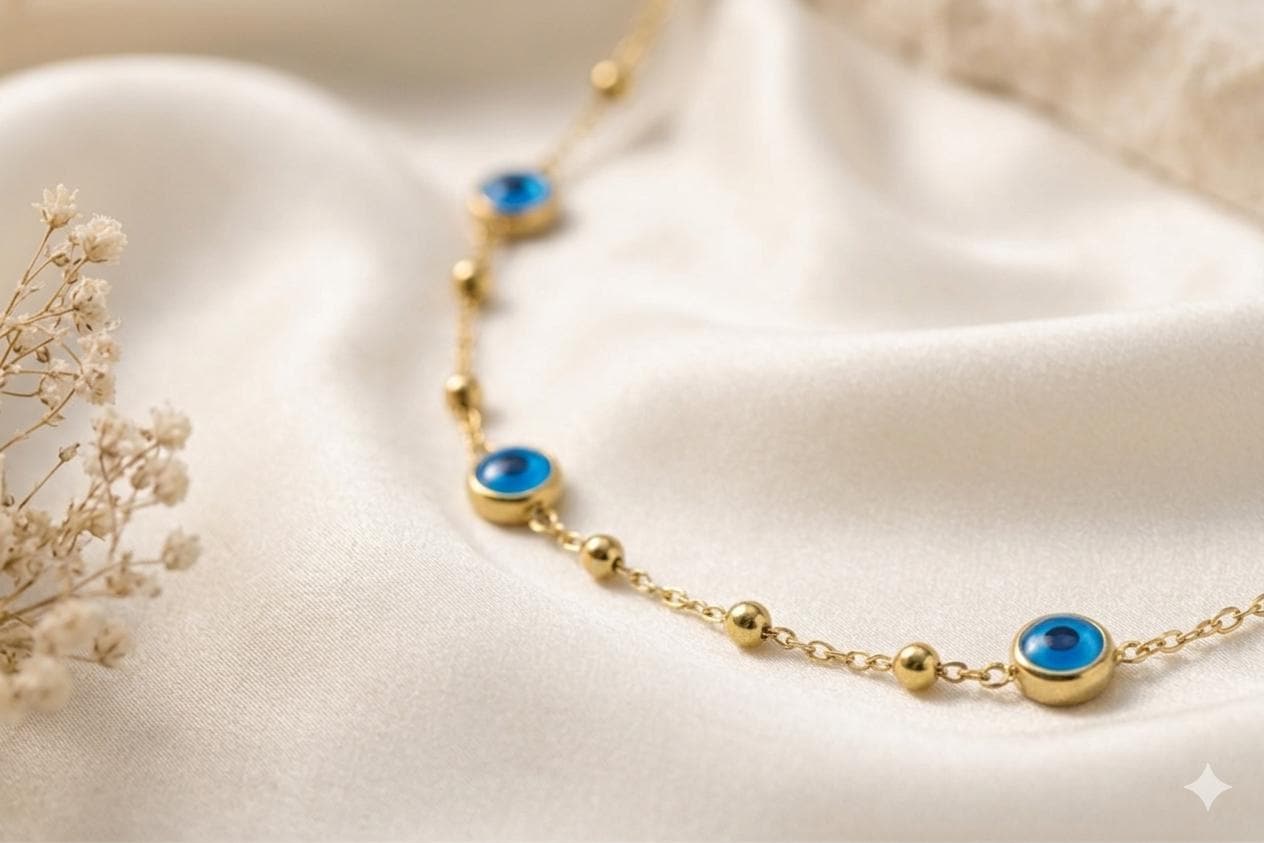 Gold Evil Eye Necklace, Dainty Station Necklace, Adjustable Stainless Steel Necklace, Minimal Layering Jewelry, Waterproof Gift for Her