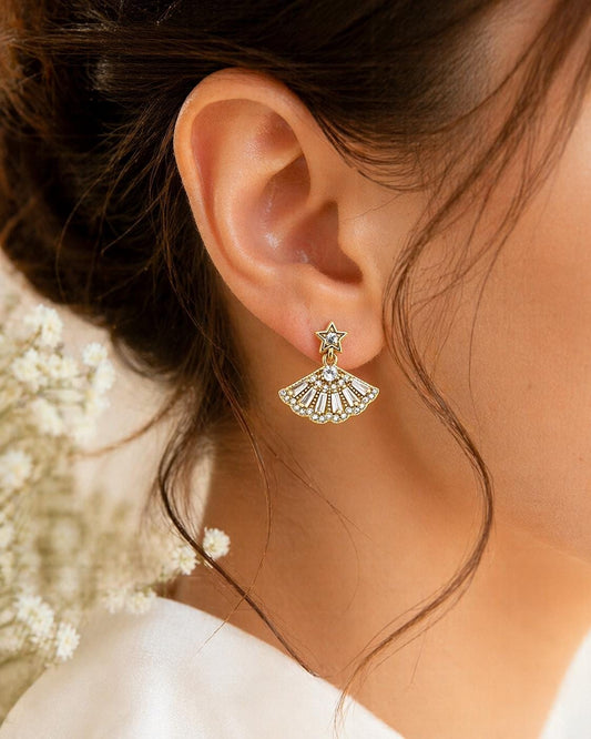 Gold Fan Drop Earrings, CZ Star Detail, Hypoallergenic Stainless Steel