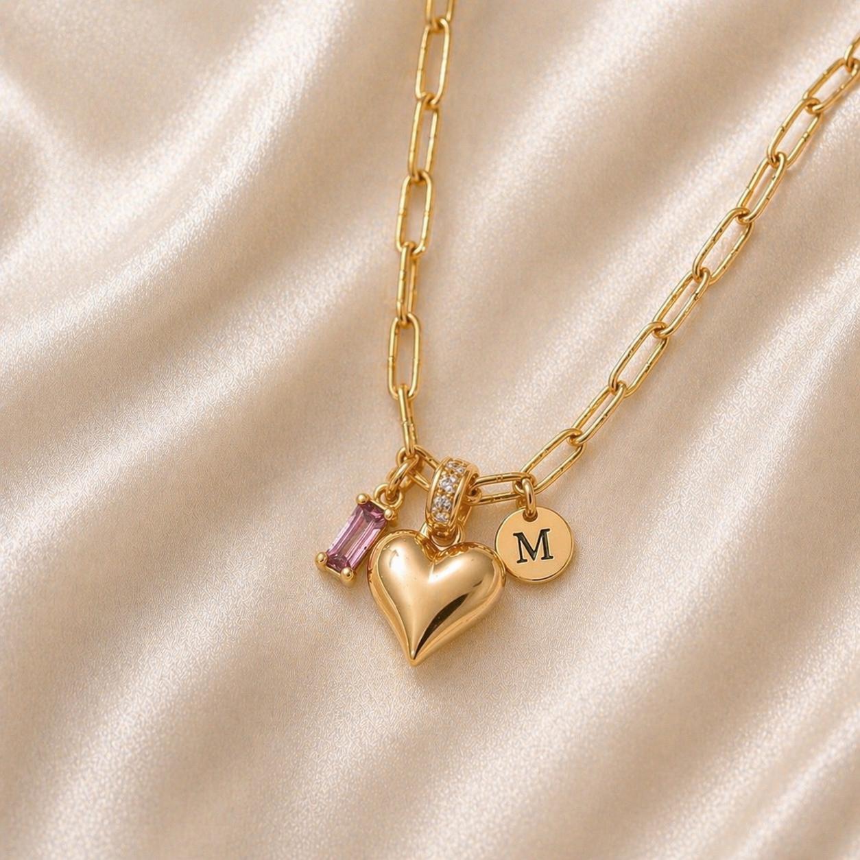 Custom Heart Necklace, Gold Initial Necklace with Birthstone, Stainless Steel Gold Pendant Necklace, Custom Name Jewelry Gift for Her