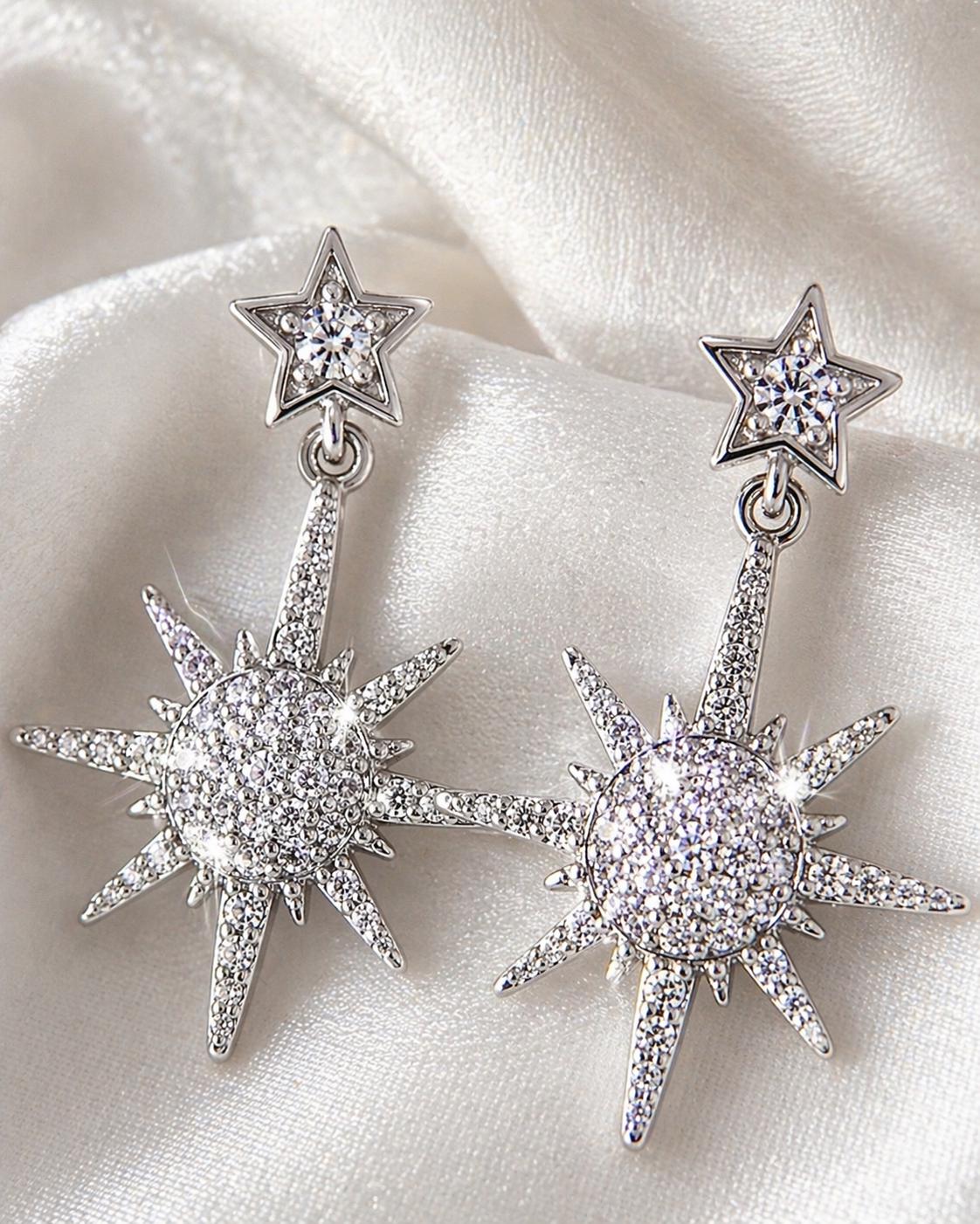 Silver Starburst Drop Earrings, Cubic Zirconia, Stainless Steel, Hypoallergenic Non-Tarnish Jewelry