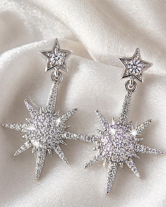 Silver Starburst Drop Earrings, Cubic Zirconia, Stainless Steel, Hypoallergenic Non-Tarnish Jewelry