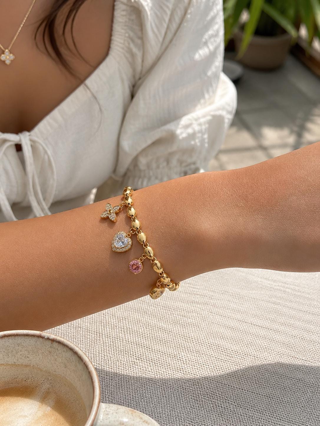 Gold Charm Bracelet, Heart & Clover Bracelet, Gold Plated Stainless Steel, Adjustable Chain Bracelet, Gift for Her