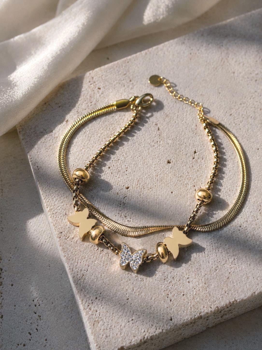 Personalized Gold Charm Bracelet, Butterfly Initial Bracelet, CZ Letter Bracelet, Adjustable Stainless Steel Jewelry, Gift for Her