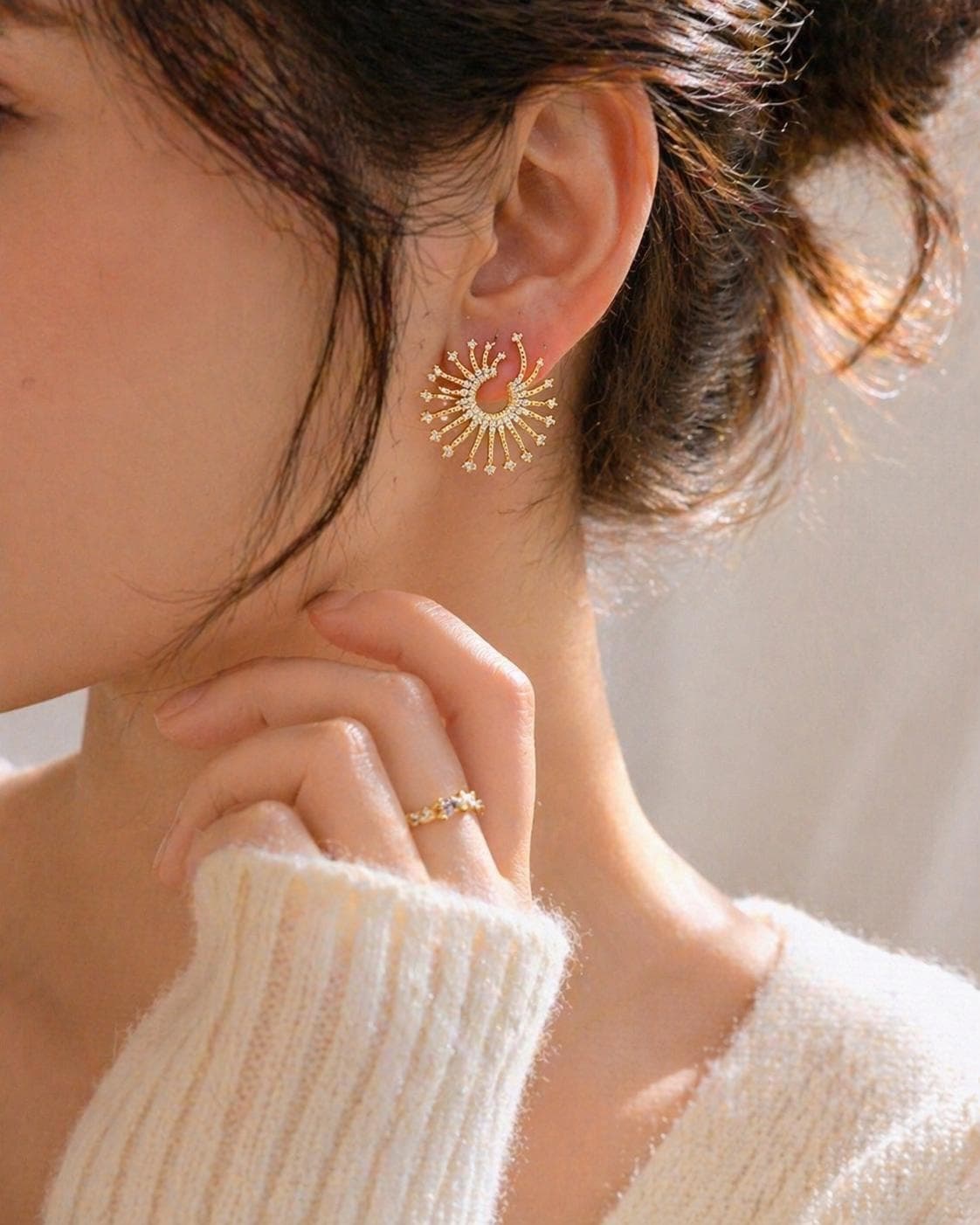 Gold Sunburst Earrings, Lightweight Statement Earrings, CZ Studs, Stainless Steel Non Tarnish, Hypoallergenic Jewelry Gift for Her