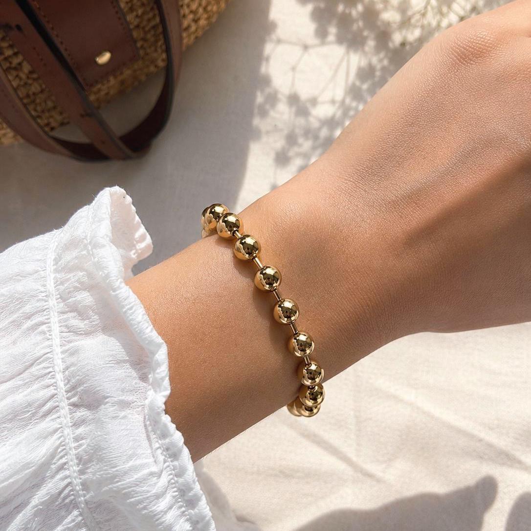 Chunky Bold Gold Bead Bracelet, Adjustable 9mm Beaded Bracelet, Gold Plated Stainless Steel Jewelry