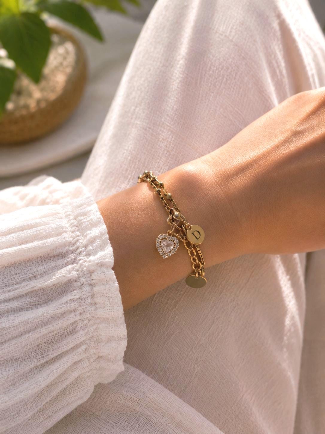 Personalized Gold Charm Bracelet, Initial Bracelet with Birthstone, Gold Plated Stainless Steel Bracelet, Adjustable Heart Charm Gift