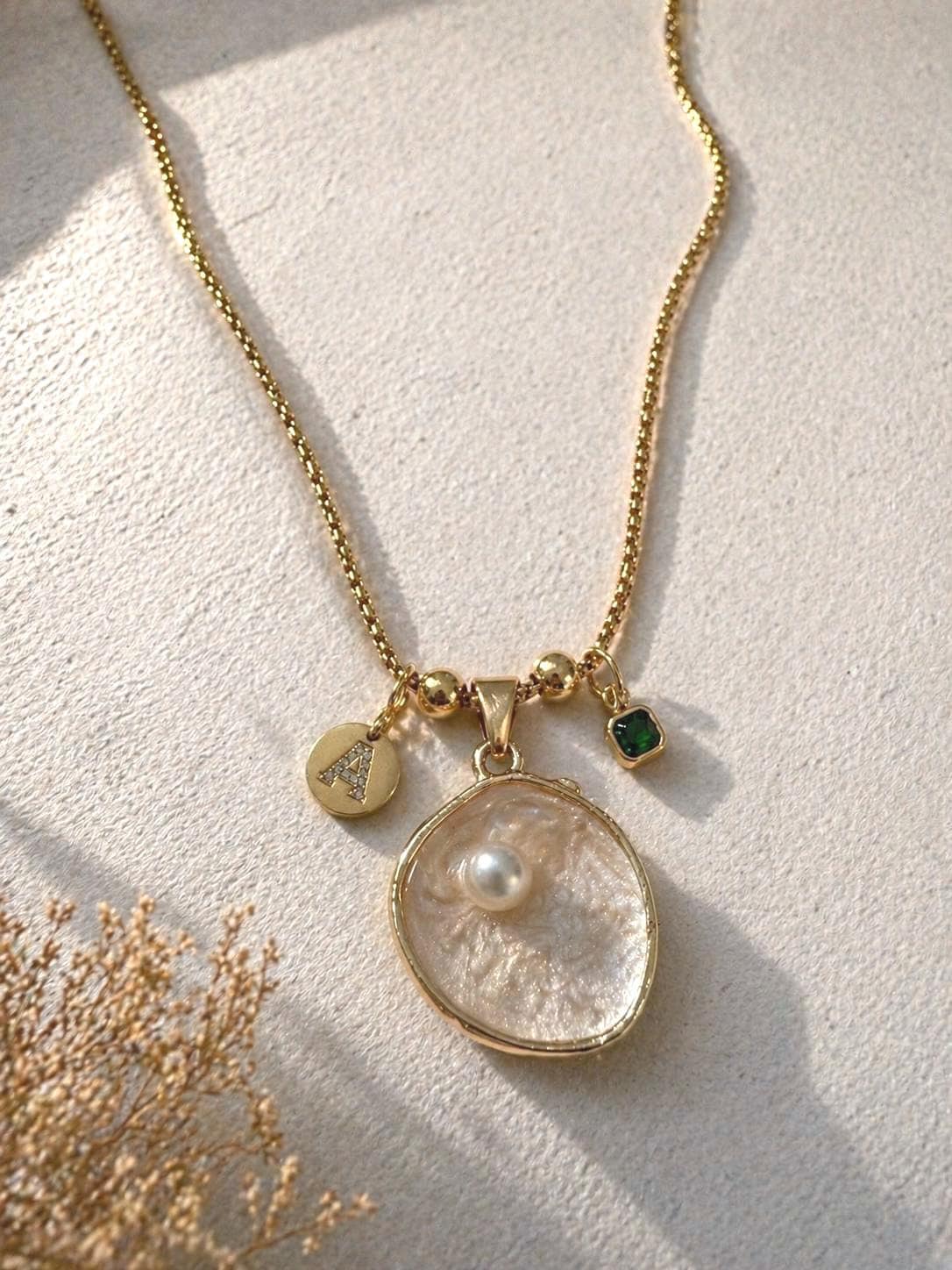Personalized Pearl Necklace Gold, Initial & Birthstone Charm Necklace, Custom Pendant Jewelry, Gift for Her, Dainty Gold Necklace