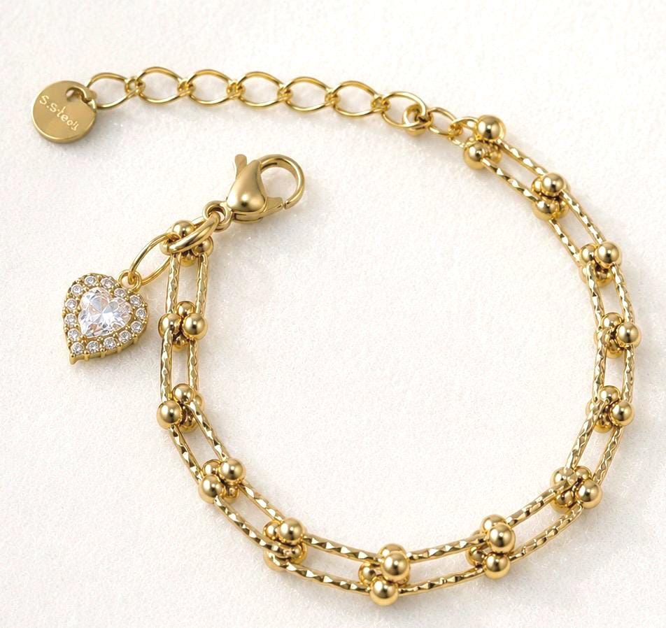 Personalized Gold Charm Bracelet, Initial Bracelet with Birthstone, Gold Plated Stainless Steel Bracelet, Adjustable Heart Charm Gift