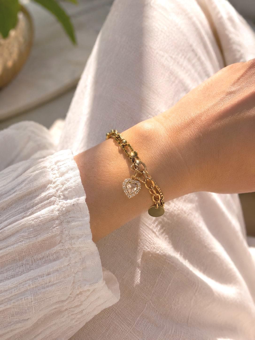 Personalized Gold Charm Bracelet, Initial Bracelet with Birthstone, Gold Plated Stainless Steel Bracelet, Adjustable Heart Charm Gift