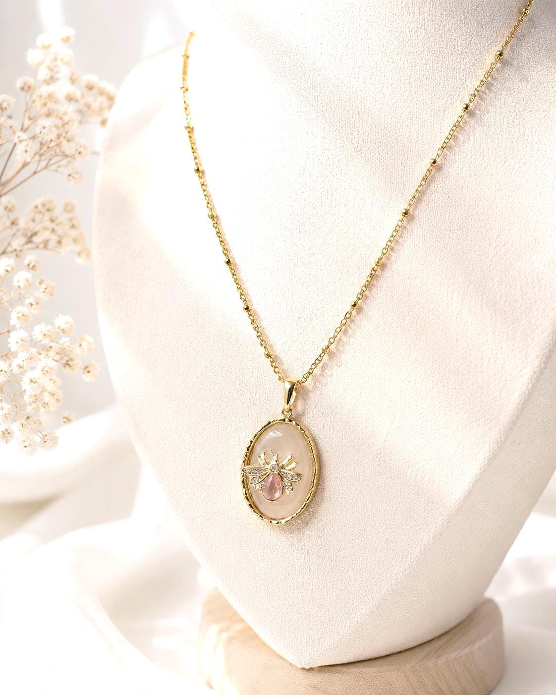 Gold Bee Necklace, Dainty Pink Pendant Necklace, 14K Gold Plated Stainless Steel Necklace, Bee Jewelry Gift for Her, Feminine Jewelry