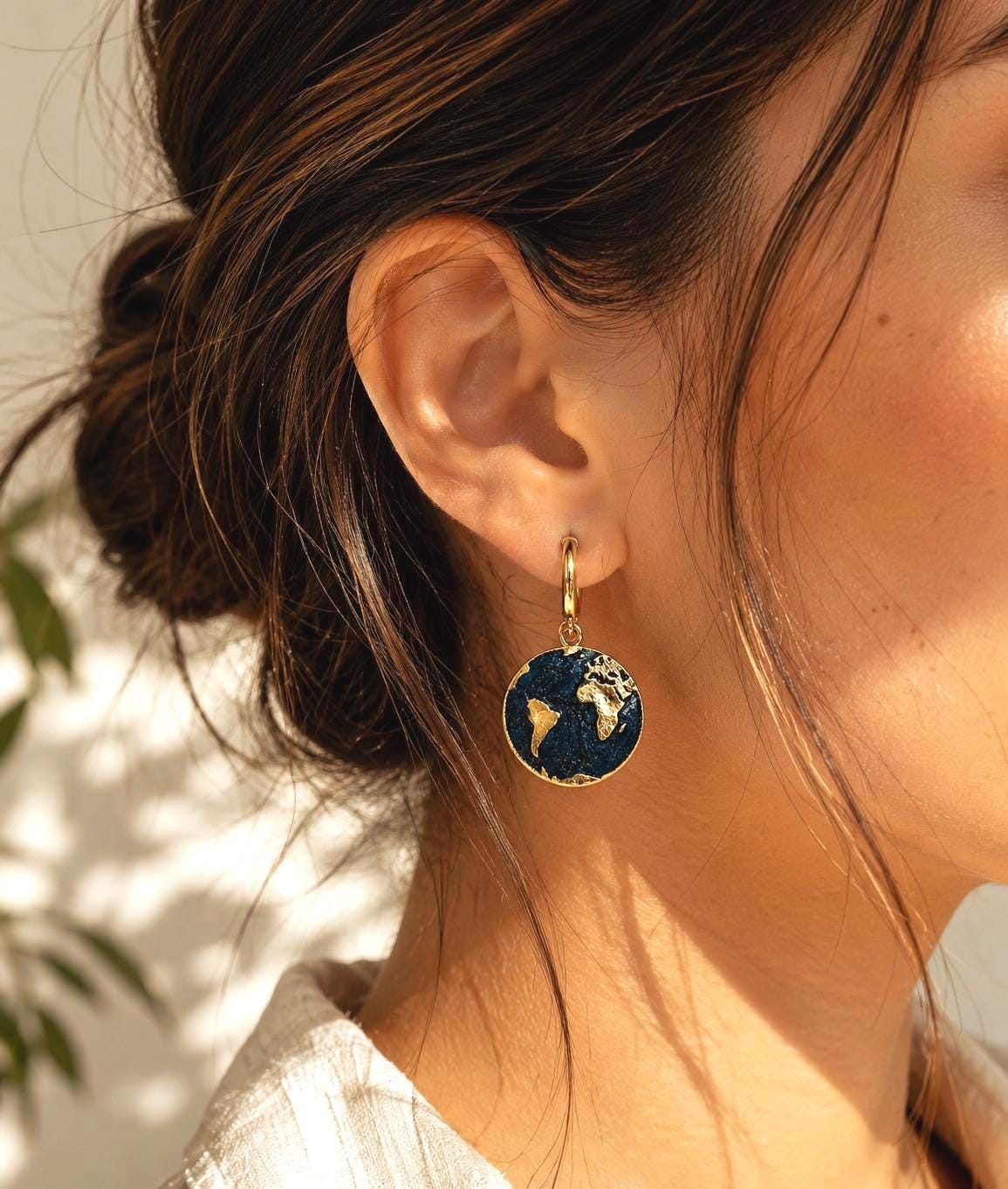 Gold Globe Earrings, 18K Gold Plated Stainless Steel Hoop Earrings, World Map Dangle Earrings, Travel Lover Gift, Blue Earth Jewelry