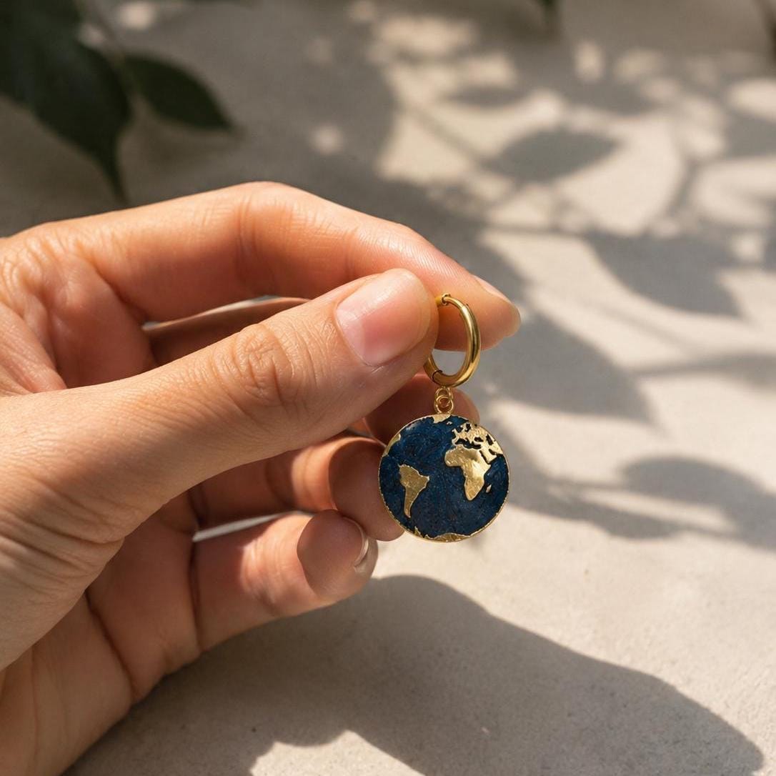 Gold Globe Earrings, 18K Gold Plated Stainless Steel Hoop Earrings, World Map Dangle Earrings, Travel Lover Gift, Blue Earth Jewelry