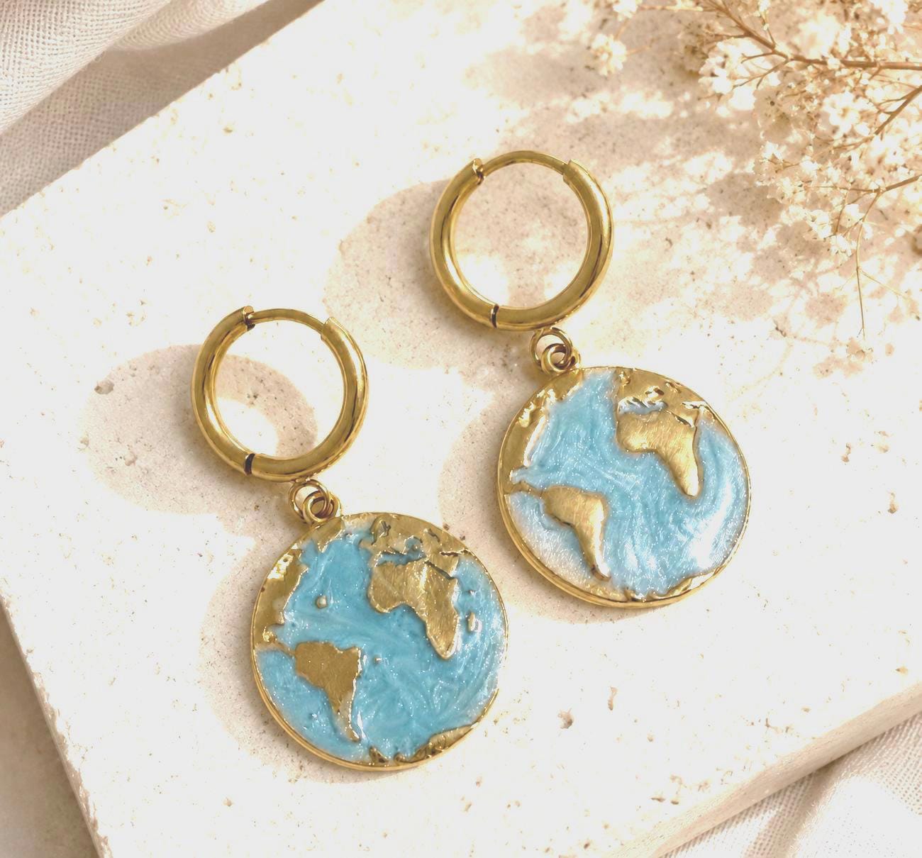 18K Gold Plated Globe Earrings, Stainless Steel World Map Hoop Earrings, Travel Lover Gift, Dangle Earrings, Blue Enamel Statement Jewelry