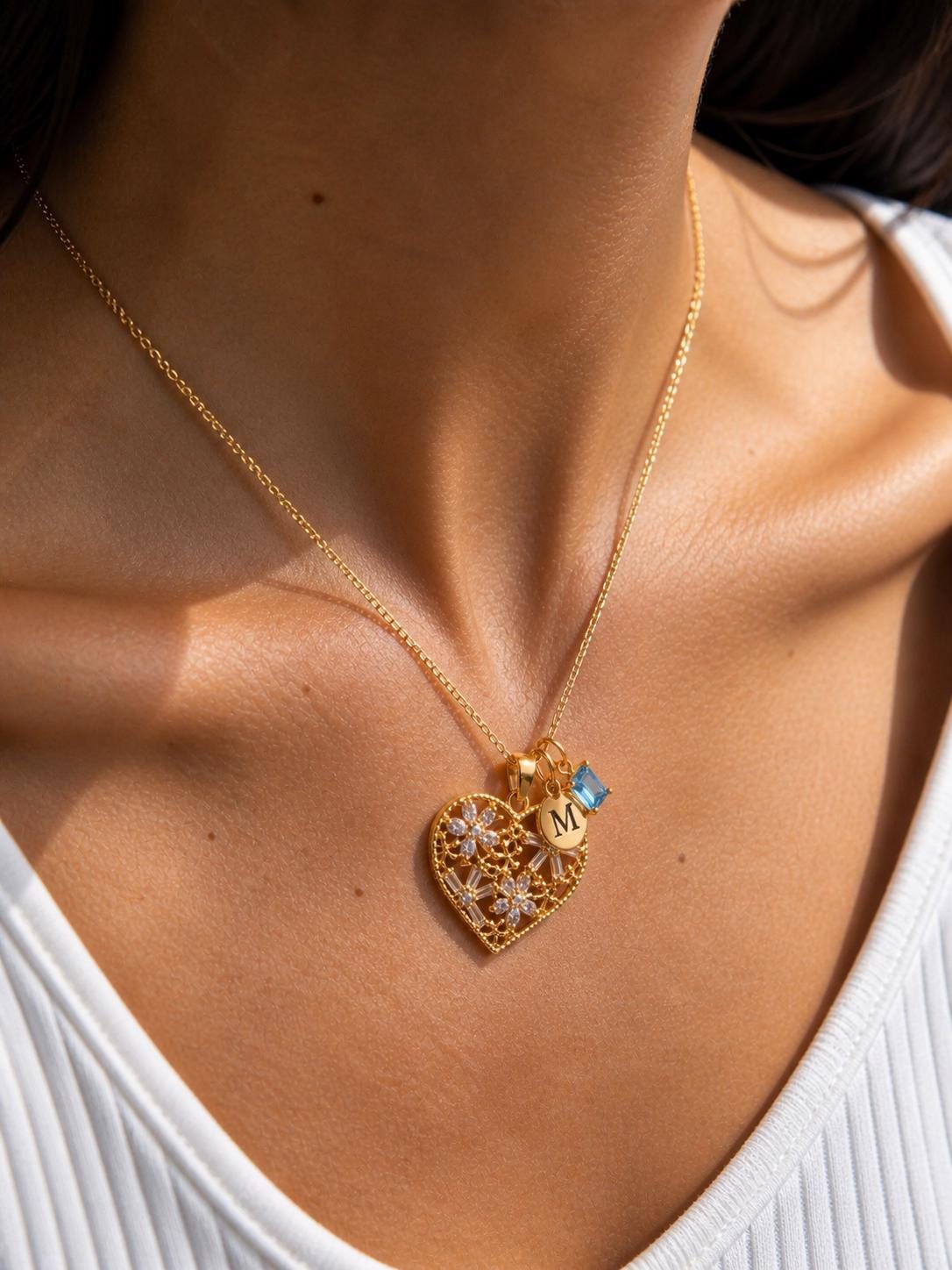 Gold Heart Necklace, Vintage Floral Pendant Necklace, Crystal Heart Jewelry, Gold Plated Stainless Steel, Gift for Her