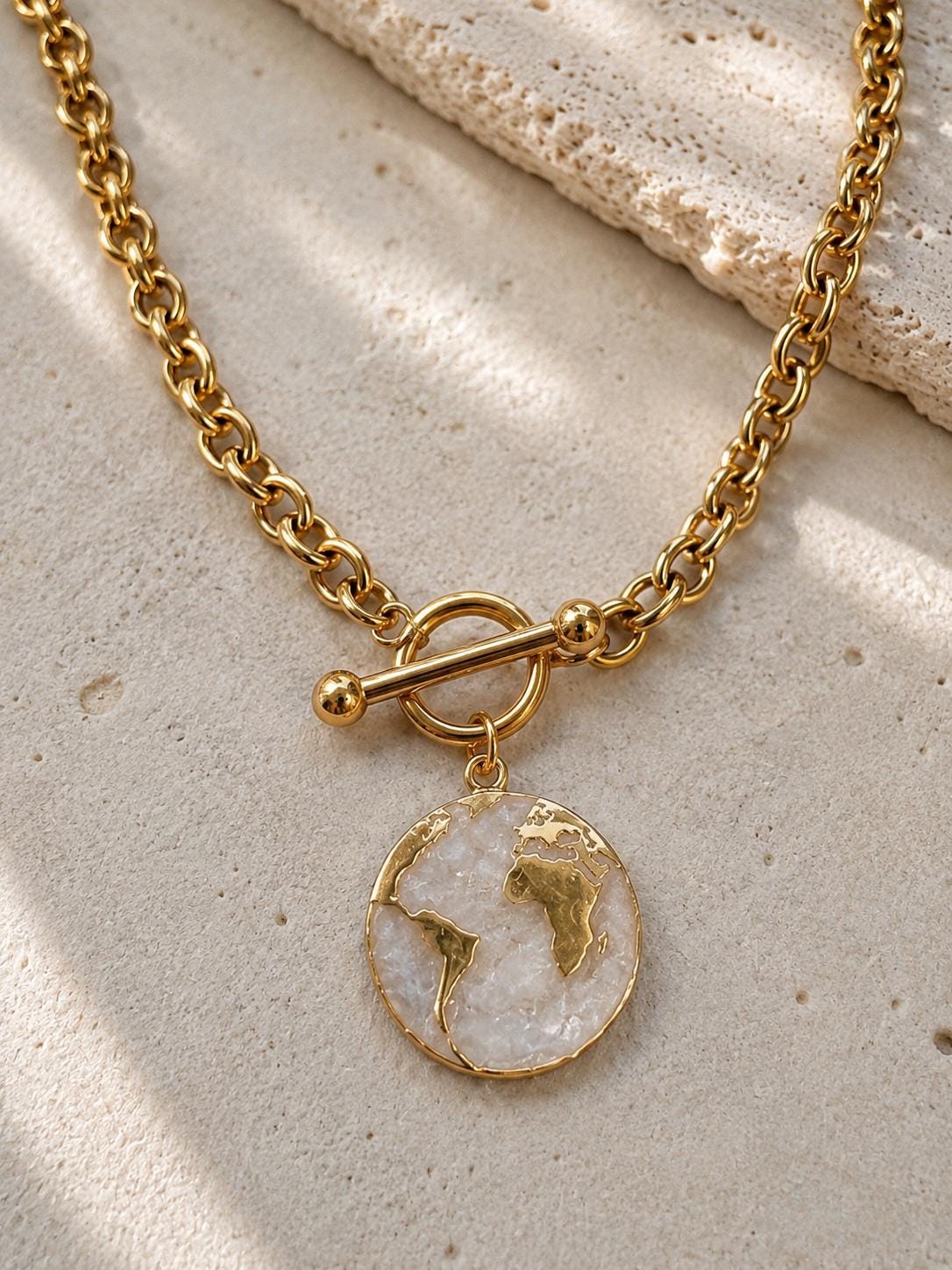 Chunky Gold Globe Necklace, World Charm Toggle Necklace, 14K Gold Plated 316L Stainless Steel Travel Jewelry Gift for Her