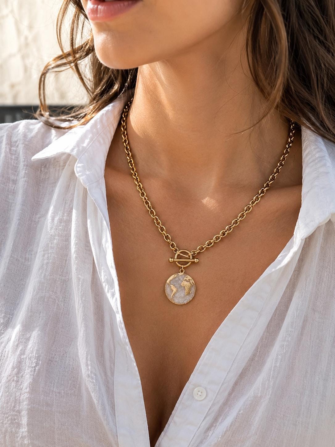 Chunky Gold Globe Necklace, World Charm Toggle Necklace, 14K Gold Plated 316L Stainless Steel Travel Jewelry Gift for Her