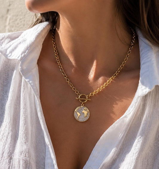 Chunky Gold Globe Necklace, World Charm Toggle Necklace, 14K Gold Plated 316L Stainless Steel Travel Jewelry Gift for Her