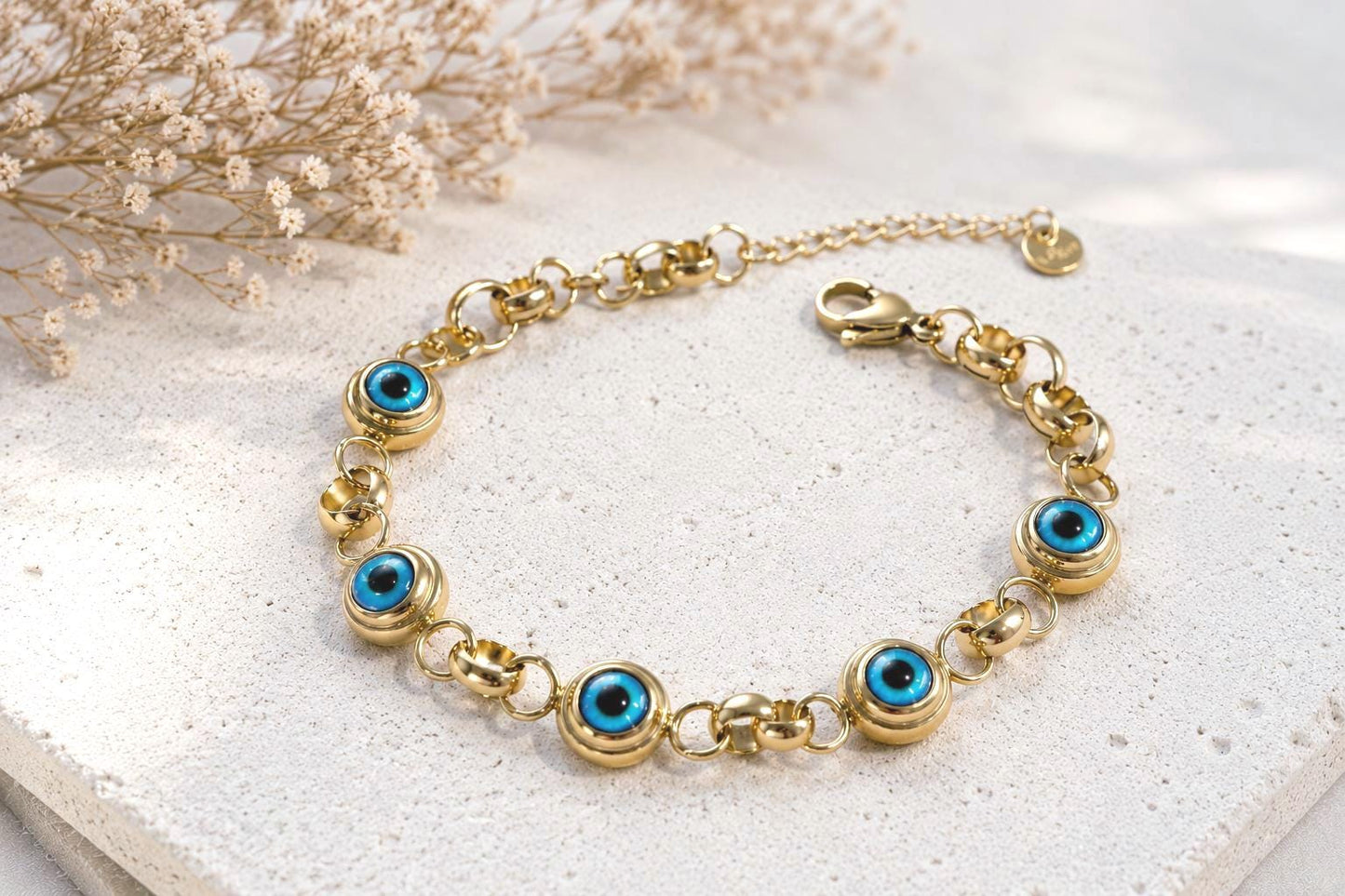 Gold Evil Eye Bracelet | Stainless Steel Chain, Protection Jewelry|Gold Adjustable Bracelet