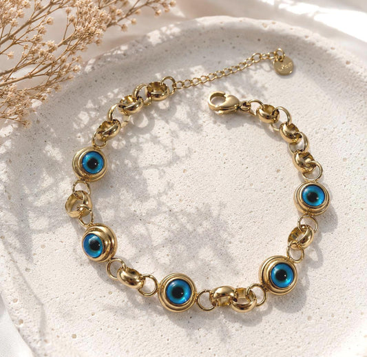 Gold Evil Eye Bracelet | Stainless Steel Chain, Protection Jewelry|Gold Adjustable Bracelet
