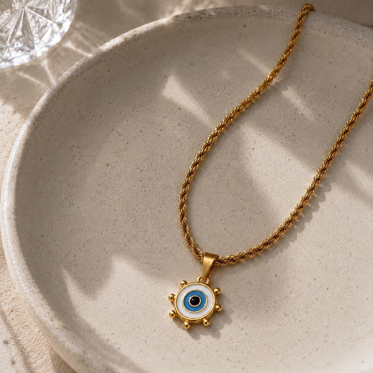 Personalized Evil Eye Rope Chain Necklace, Custom Initial Necklace, Gold Statement Necklace, Gift for Her