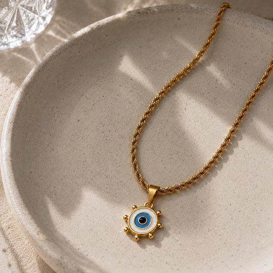 Personalized Evil Eye Rope Chain Necklace, Custom Initial Necklace, Gold Statement Necklace, Gift for Her
