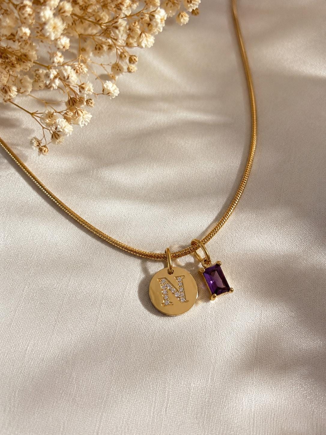 Personalized Initial Birthstone Necklace, Emerald Cut CZ Necklace, Gold Snake Chain Necklace, Custom Charm Necklace, 18K Gold Plated Jewelry