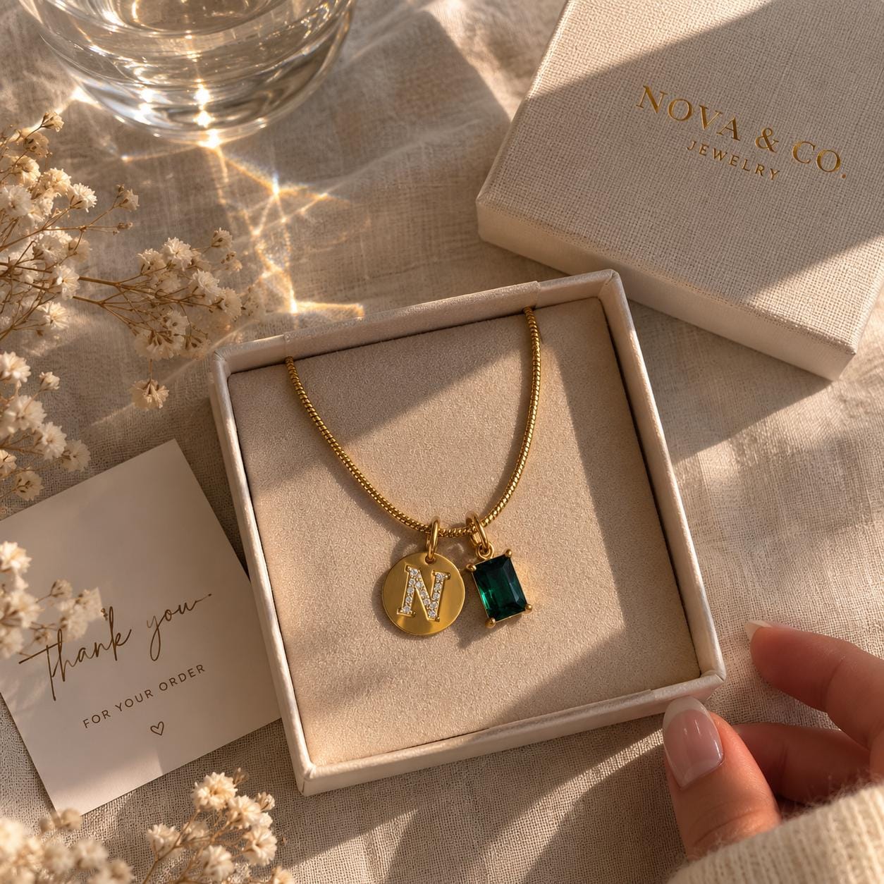 Personalized Initial Birthstone Necklace, Emerald Cut CZ Necklace, Gold Snake Chain Necklace, Custom Charm Necklace, 18K Gold Plated Jewelry