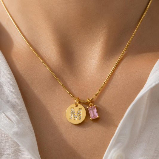 Personalized Initial Birthstone Necklace, Emerald Cut CZ Necklace, Gold Snake Chain Necklace, Custom Charm Necklace, 18K Gold Plated Jewelry
