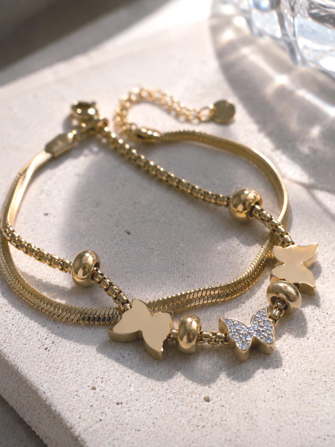 Personalized Gold Charm Bracelet, Butterfly Initial Bracelet, CZ Letter Bracelet, Adjustable Stainless Steel Jewelry, Gift for Her