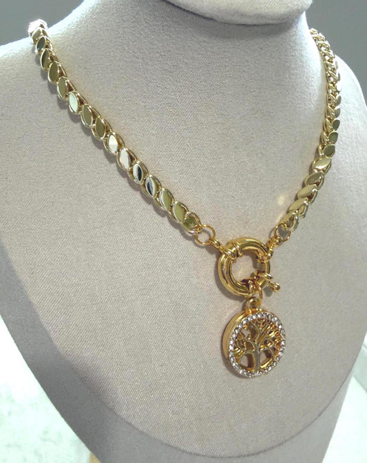Chunky Gold Necklace, Toggle Chain Statement Necklace, Tree of Life Pendant, Gold Plated Stainless Steel Jewelry