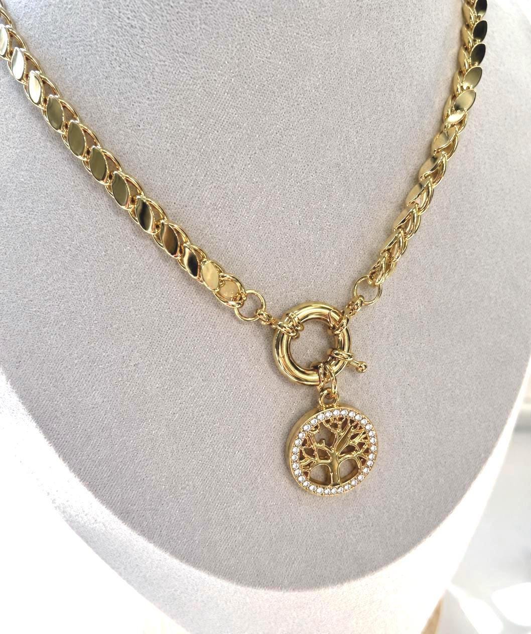 Chunky Gold Necklace, Toggle Chain Statement Necklace, Tree of Life Pendant, Gold Plated Stainless Steel Jewelry
