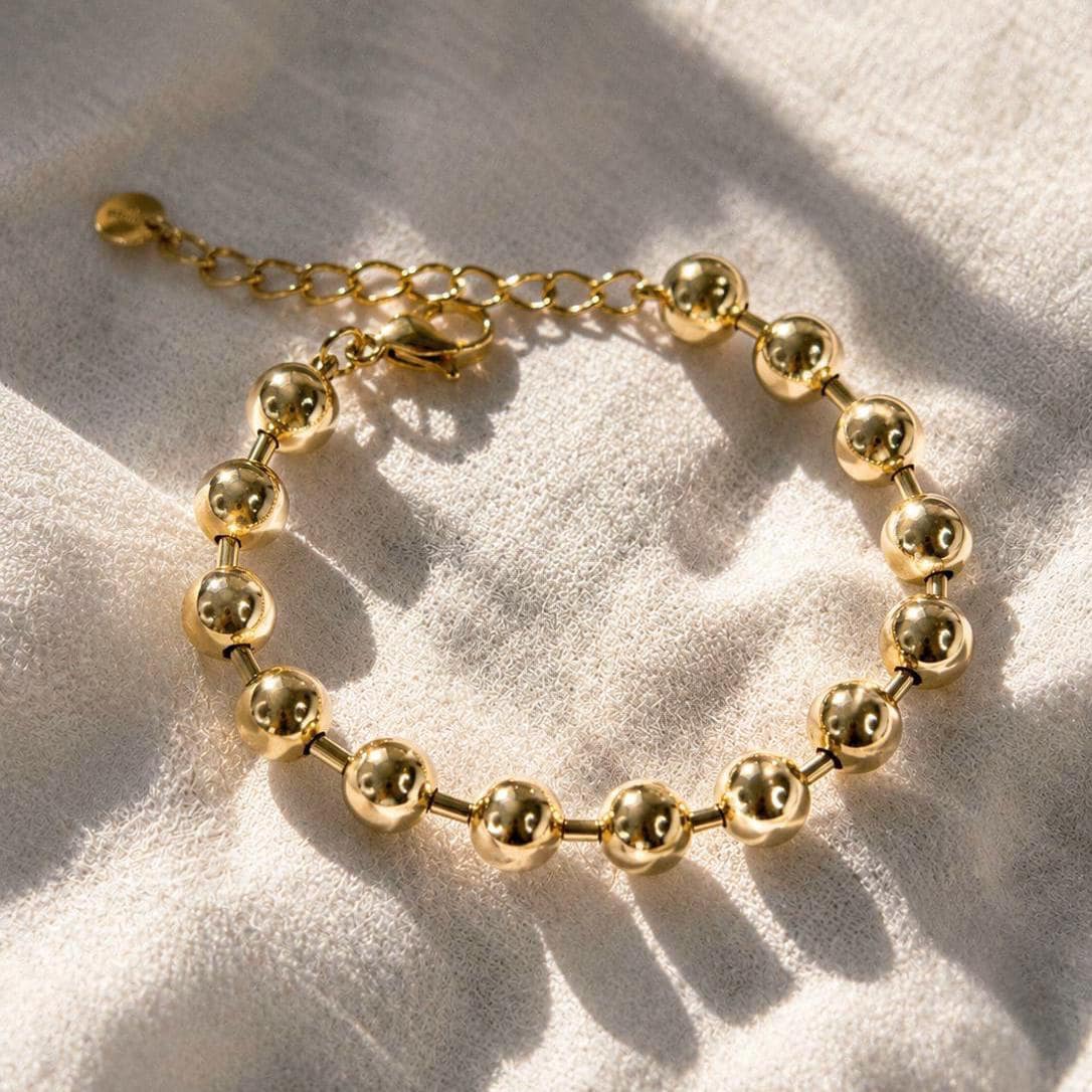 Chunky Bold Gold Bead Bracelet, Adjustable 9mm Beaded Bracelet, Gold Plated Stainless Steel Jewelry