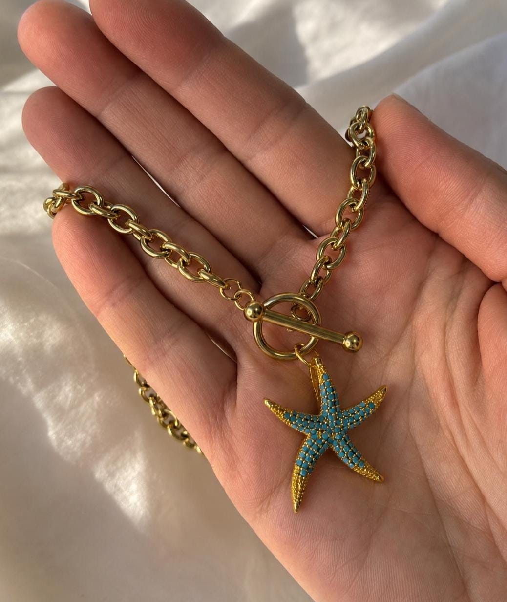 Starfish Toggle Necklace, Chunky Gold Beach Necklace, Coastal Jewelry, 14K Gold Plated Stainless Steel Ocean Necklace Gift for Her