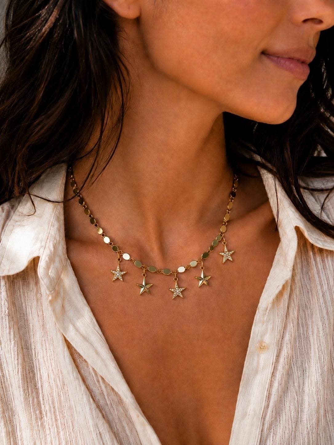 Celestial Star Charm Necklace Gold, Stainless Steel Gold Plated Necklace, Adjustable Coastal Jewelry, Dainty Layering Necklace